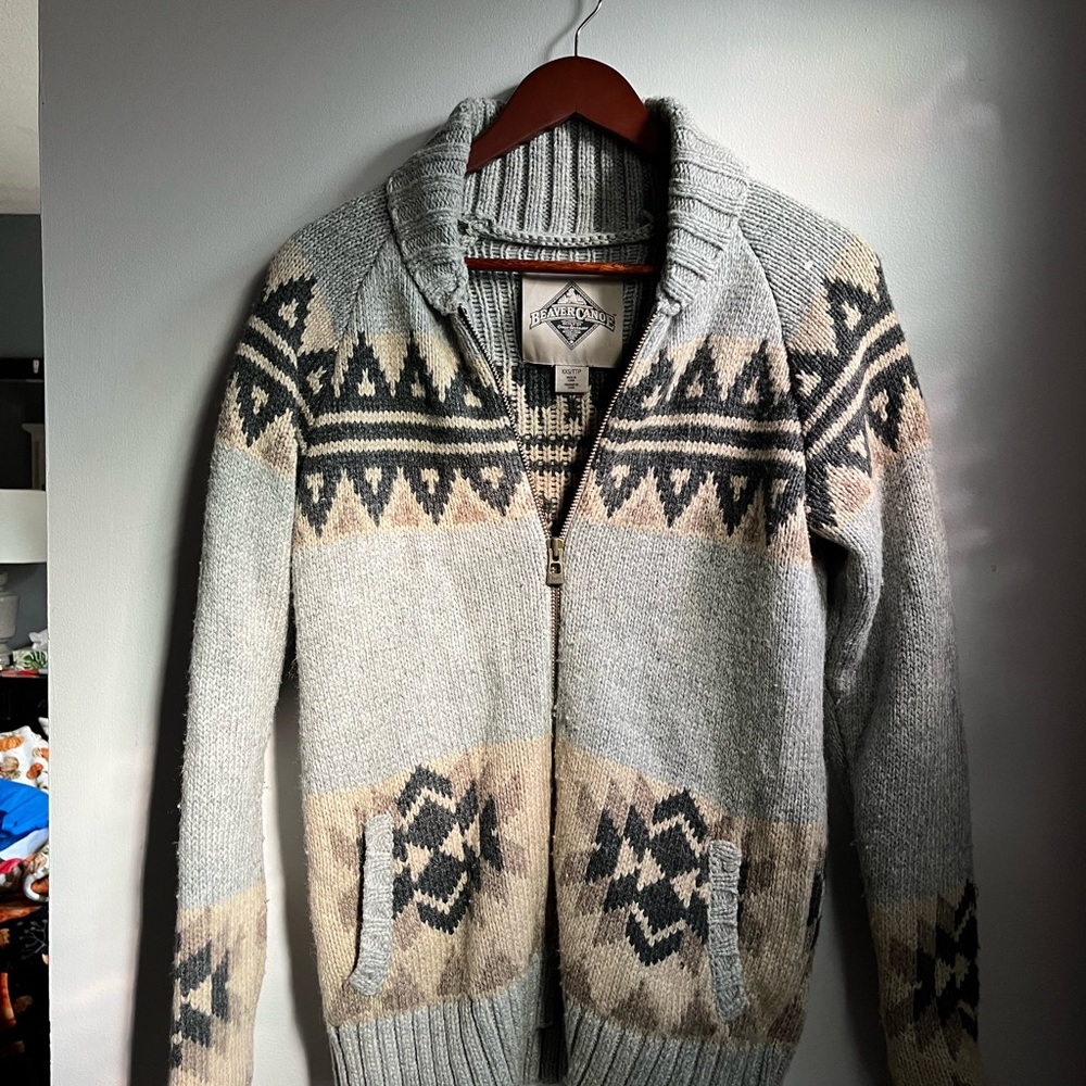 Beaver Canoe unisex Zip Up Sweater - Gray and Tan Pattern